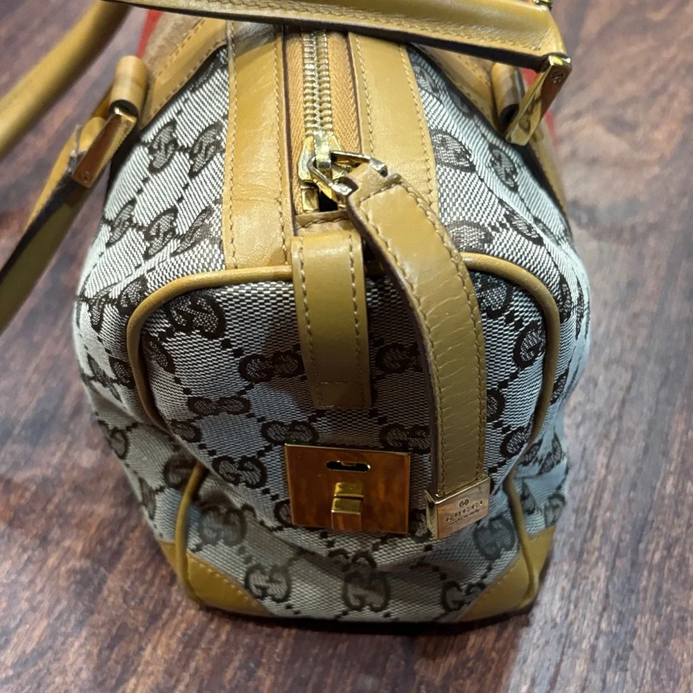 Gucci Beige and Red Stripe Satchel with Yellow Accents - Picture 3 of 14
